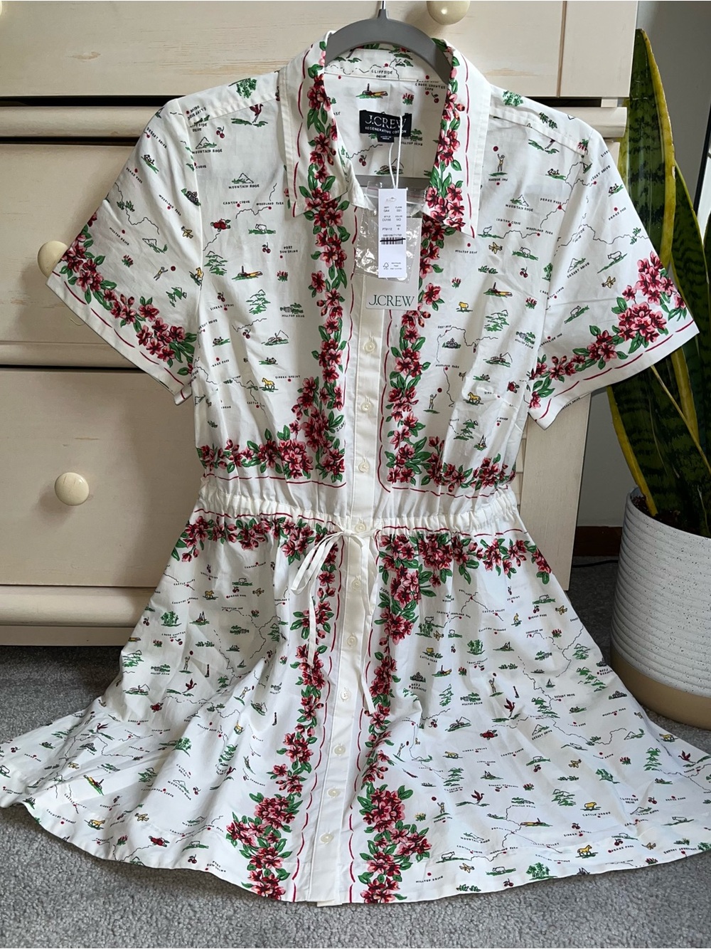 NWT J Crew Cerise Mini Shirt-Dress in Map Print Cotton Poplin 6 - Picture 2 of 3